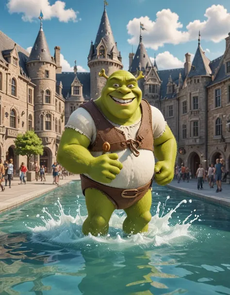 shrek swimming in milk, 4 k, art station concept, highly detailed, university campus, academic buildings, lively student life, intellectual <lora:59c2cc3f-e6d0-419a-b9cf-678143e1e9e4:0.7>