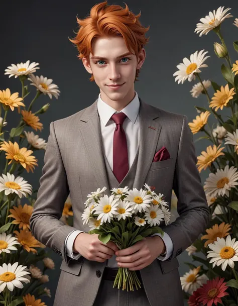 a highly detailed illustration of attractive young red haired man with red animal ears wearing brown suit, dramatic pose, intricate, elegant, highly detailed, centered, digital painting, artstation, concept art, smooth, sharp focus, league of legends concept art, wlop, Standing, pretending to hold a bouquet of daisies <lora:59c2cc3f-e6d0-419a-b9cf-678143e1e9e4:0.7>