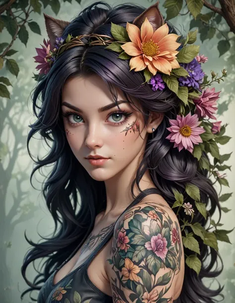 tattoo design, stencil, beautiful portrait of a girl with flowers in her hair, upper body, by artgerm, artgerm, digital art, cat girl, forest, thick foliage, tall trees, peaceful <lora:59c2cc3f-e6d0-419a-b9cf-678143e1e9e4:0.7>