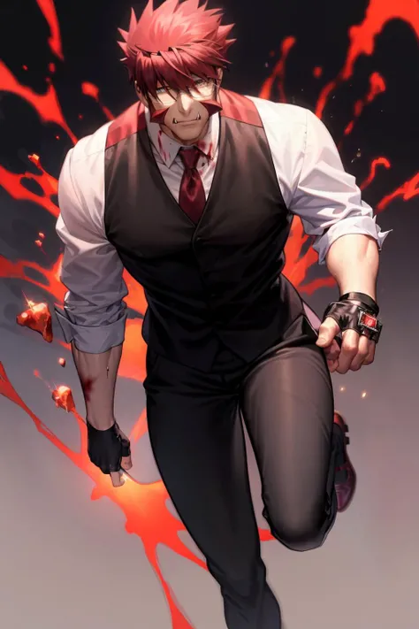 masterpiece, best quality,  <lora:klaus:1>,1boy, male focus, solo, glasses,necktie, red hair, vest, gloves, muscular, formal, short hair, shirt, pants, red eyes, muscular male, facial hair, jumping, black vest, glowing, full body, smile, sideburns, suit, looking at viewer, glasses, alternate costume, red necktie, white shirt, manly, collared shirt, bara, waistcoat, shoes, mature male, single glove, headband, fingerless gloves, blood, spiked hair