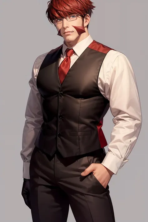 masterpiece, best quality, <lora:klaus:1>,1boy, male focus, solo, glasses,teeth,necktie, red hair, vest, gloves, muscular, formal, short hair, shirt, pants, red eyes, muscular male, facial hair,grey background,
