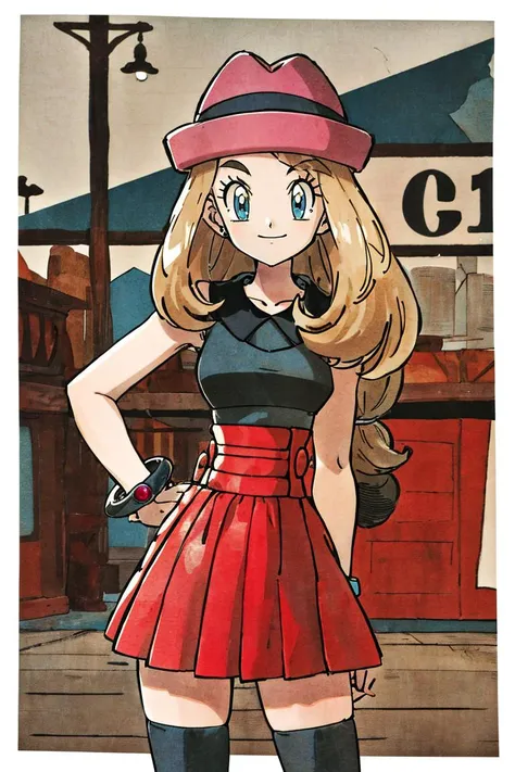 <lora:Toriyama_Akira_Style:1>, ((masterpiece,best quality)), absurdres,  <lora:serena_v1:0.7>,  serena \(pokemon\), 1girl, long hair, blue eyes,  thighhighs, long hair, hat, jewelry, bracelet, black thighhighs, collared shirt, pleated skirt, red skirt, sleeveless, high-waist skirt, sleeveless shirt, eyelashes, pink headwear, black shirt, eyewear on headwear, solo, smiling, looking at viewer, cowboy shot,  cinematic composition, contrapposto,