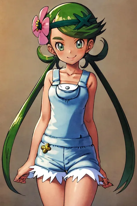 <lora:Toriyama_Akira_Style:0.8>,((masterpiece,best quality)), absurdres, <lora:Mallow-10:0.8>, mallow, pink shirt, grey shorts, grey overalls, smile, trial badge, hairband, hair flower, green eyes, solo, smiling, looking at viewer, cowboy shot, cinematic composition,