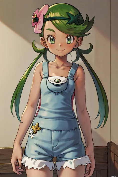 <lora:Toriyama_Akira_Style:0.8>,((masterpiece,best quality)), absurdres, <lora:Mallow-10:0.8>, mallow, pink shirt, grey shorts, grey overalls, smile, trial badge, hairband, hair flower, green eyes, solo, smiling, looking at viewer, cowboy shot, cinematic composition,