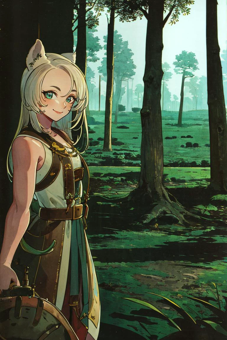 <lora:Toriyama_Akira_Style:0.8>, ((masterpiece,best quality)), absurdres, <lora:Solise_AFK:0.7>, Solise_AFK, solo, smiling, looking at viewer, cowboy shot, forest in background, cinematic composition, ,