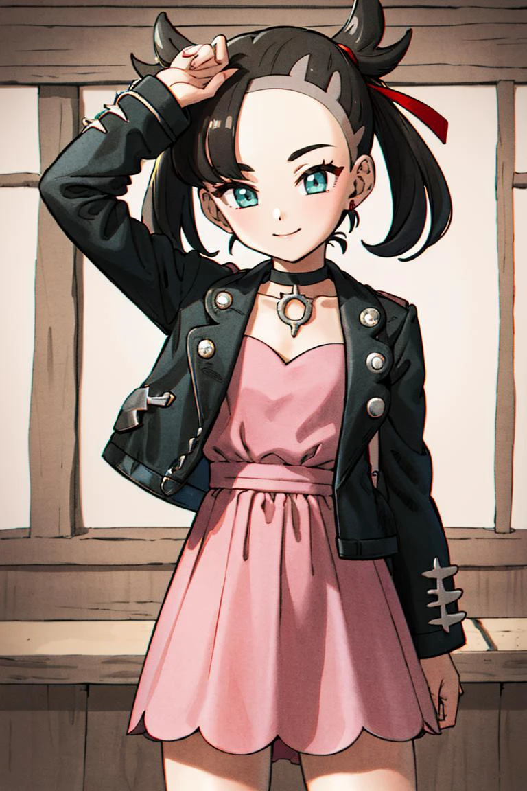 <lora:Toriyama_Akira_Style:0.8>, ((masterpiece,best quality)), absurdres, <lora:marnie_v1:0.7>, hmmarnie, aqua eyes, black choker, red ribbon, pink dress, jewelry, black jacket, open clothes, long sleeves, solo, smiling, looking at viewer, cowboy shot, cinematic composition, contrapposto,