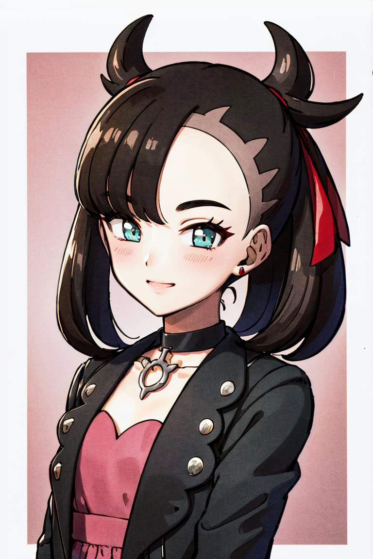 <lora:Toriyama_Akira_Style:0.8>, ((masterpiece,best quality)), absurdres, <lora:marnie_v1:0.7>, hmmarnie, aqua eyes, black choker, red ribbon, pink dress, jewelry, black jacket, open clothes, long sleeves, solo, smiling, blushing, looking at viewer, upper body, portrait, cinematic composition,