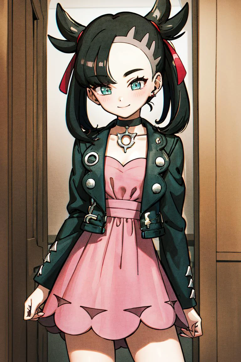 <lora:Toriyama_Akira_Style:0.8>, ((masterpiece,best quality)), absurdres, <lora:marnie_v1:0.7>, hmmarnie, aqua eyes, black choker, red ribbon, pink dress, jewelry, black jacket, open clothes, long sleeves, solo, smiling, blushing, looking at viewer, cowboy shot, cinematic composition, contrapposto,