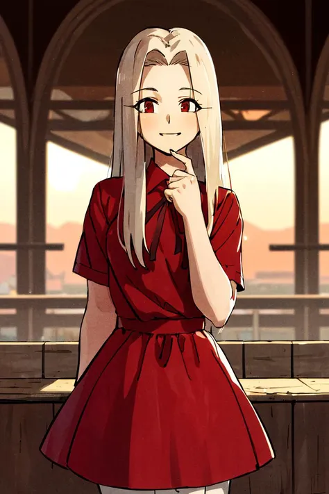 <lora:Toriyama_Akira_Style:0.8>, ((masterpiece,best quality)), absurdres, <lora:Irisviel_von_Einzbern_Combined:0.7>, Irisviel_von_Einzbern, red shirt, white skirt, solo, smiling, looking at viewer, cowboy shot, cinematic composition,