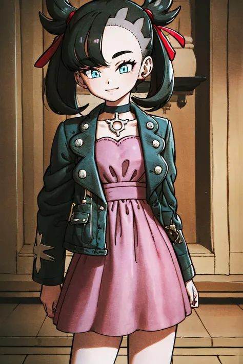 <lora:Toriyama_Akira_Style:1>, ((masterpiece,best quality)), absurdres, <lora:marnie_v1:0.7>, hmmarnie, aqua eyes, black choker, red ribbon, pink dress, jewelry, black jacket, open clothes, long sleeves,  solo, smiling, looking at viewer, cowboy shot, cinematic composition, contrapposto,