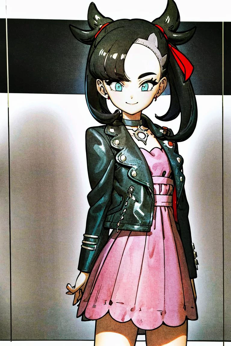 <lora:Toriyama_Akira_Style:1>, ((masterpiece,best quality)), absurdres, <lora:marnie_v1:0.7>, hmmarnie, aqua eyes, black choker, red ribbon, pink dress, jewelry, black jacket, open clothes, long sleeves, solo, smiling, looking at viewer, cowboy shot, cinematic composition, contrapposto,