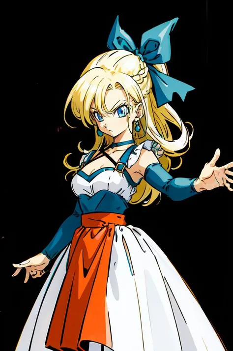 ultra detailed, masterpiece, best quality, solo, cowboy shot, facing viewer, colorful, karate gi, super saiyan_4, namek, 
1girl, blue eyes, very long hair, blonde hair, long blonde hair, french braid, bangs, medium breasts,
hair ribbon, frilled choker, criss-cross halter, sleeveless dress, high-waist skirt, backless dress, waist bow, detached sleeves, frilled sleeves, wide sleeves, pantyhose, patterned legwear, mary janes,
 <lora:Toriyama_Akira_Style:0.85> toriyama akira,