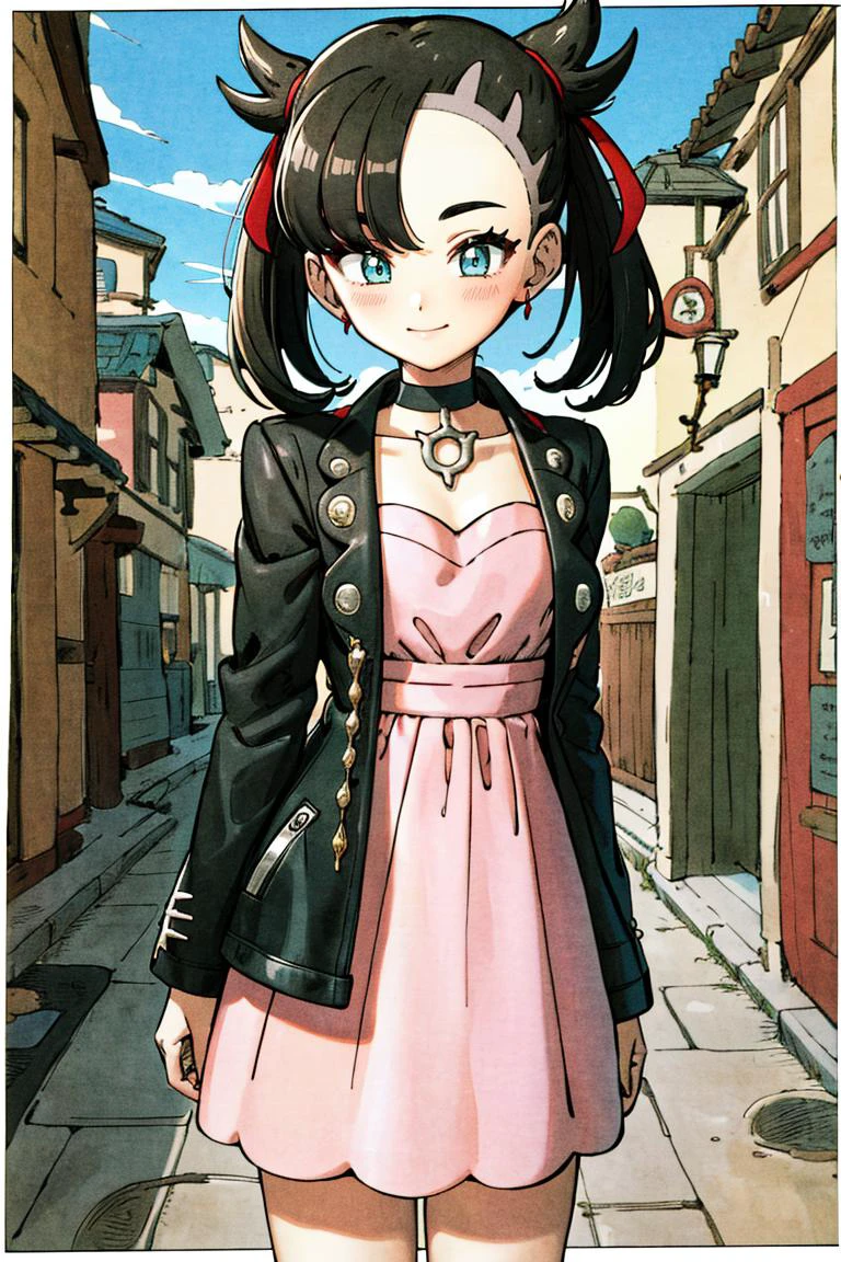 <lora:Toriyama_Akira_Style:0.8>, ((masterpiece,best quality)), absurdres, <lora:marnie_v1:0.7>, hmmarnie, aqua eyes, black choker, red ribbon, pink dress, jewelry, black jacket, open clothes, long sleeves, solo, smiling, blushing, looking at viewer, cowboy shot, cinematic composition, contrapposto,