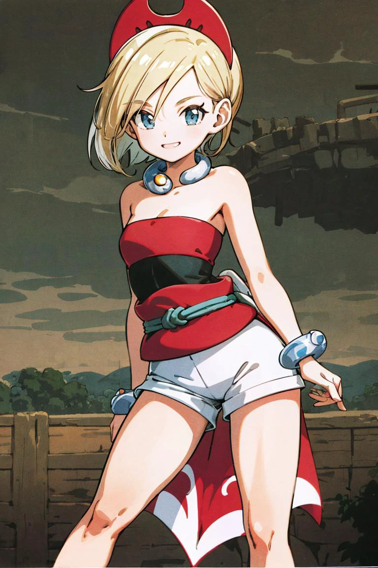 <lora:Toriyama_Akira_Style:0.8>, ((masterpiece,best quality)), absurdres, <lora:irida_(pokemon)_v1:0.7>, aairida, short hair, red hairband, neck ring, collar, strapless shirt, red shirt, bracelet, sash, waist cape, white shorts, bare legs, solo, smiling, looking at viewer, cowboy shot, cinematic composition, contrapposto,