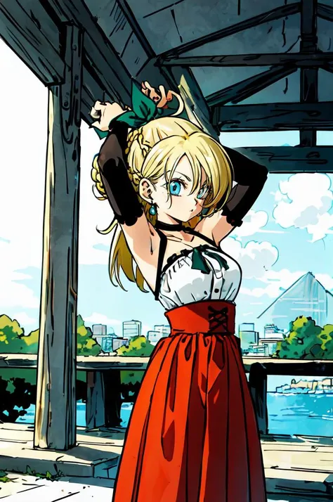 ultra detailed, masterpiece, best quality, solo, cowboy shot, facing viewer, colorful, karate gi, super saiyan_4, namek, green water, green sky, outdoors, arms up, genki dama,
1girl, blue eyes, very long hair, blonde hair, long blonde hair, french braid, bangs, medium breasts,
hair ribbon, frilled choker, criss-cross halter, sleeveless dress, high-waist skirt, backless dress, waist bow, detached sleeves, frilled sleeves, wide sleeves, pantyhose, patterned legwear, mary janes,
<lora:Toriyama_Akira_Style:0.85> toriyama akira,