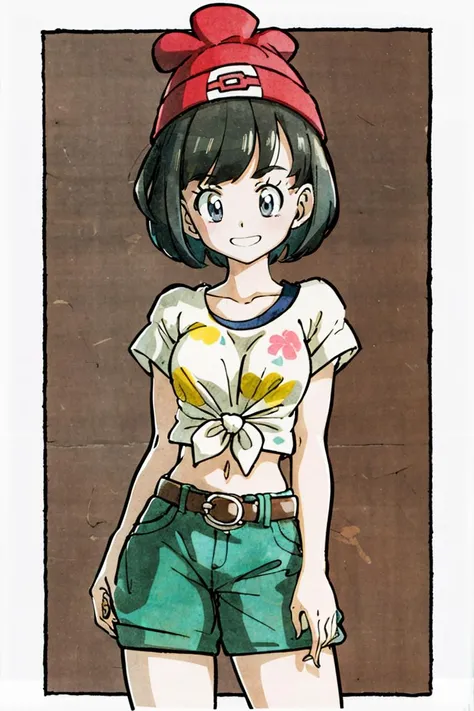 <lora:Toriyama_Akira_Style:1>, ((masterpiece,best quality)), absurdres,  <lora:selene_(pokemon)_v1:0.7>,  selene \(pokemon\), solo, grey eyes, black hair, green shorts, red headwear, beanie, shirt, tied shirt, floral print, short hair, short sleeves, short shorts, striped, yellow shirt, belt, midriff,  solo, smiling, looking at viewer, cowboy shot,  cinematic composition, contrapposto,