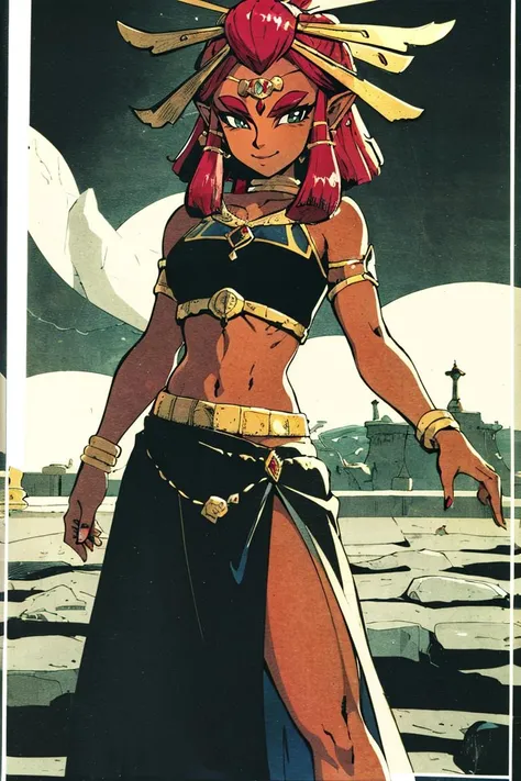 <lora:Elfquest_Leetah-34:1> leetah, pointy ears, necklace, fringe trim, cleavage, midriff, skirt, blue skirt, red moccasins, dynamic pose, looking at viewer, high contrast, sharp focus, masterpiece, best quality, highly detailed, HDR, highest quality, highres, sharp focus, 8k, 16k, skin pores, dynamic lights, realistic shadows, best shading, award winning masterpiece, 1girl, solo, desert