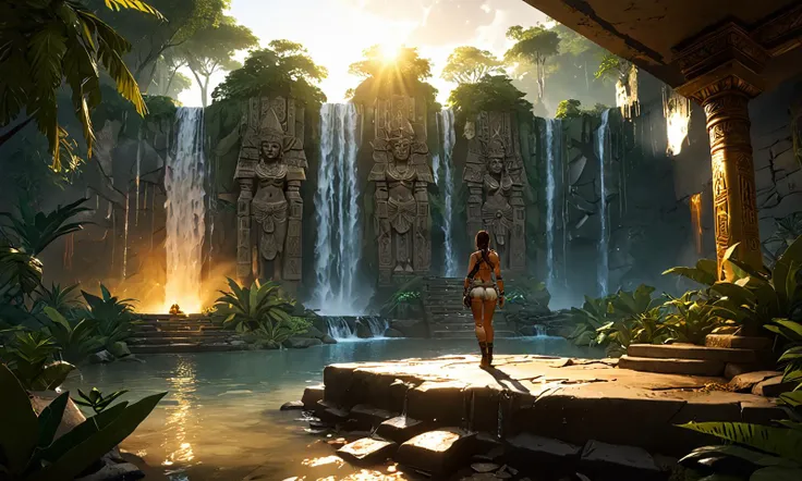 trending on artstation, 4k, masterpiece, of Amidst the mystery of the Amazon, Lara Croft Bridal, mature, camp an Aztec tomb, adorned with gold, under cascading waterfall, meticulous attention to details, Serene lake reflecting a fiery sunset, Inverse angle, <lora:lara_croft_xl_v2:0.5><lora:Anime Style 2 SDXL_LoRA_Pony Diffusion V6 XL:1>
