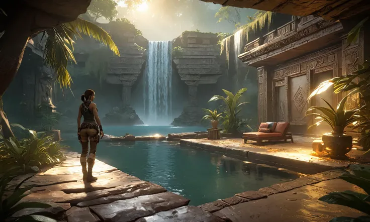 trending on artstation, 4k, masterpiece, of Amidst the mystery of the Amazon, Lara Croft Lounge, mature, camp an Aztec tomb, adorned with gold, under cascading waterfall, meticulous attention to details, Serene lake reflecting a fiery sunset, Partial back view, <lora:lara_croft_xl_v2:0.5><lora:Anime Style 2 SDXL_LoRA_Pony Diffusion V6 XL:1>