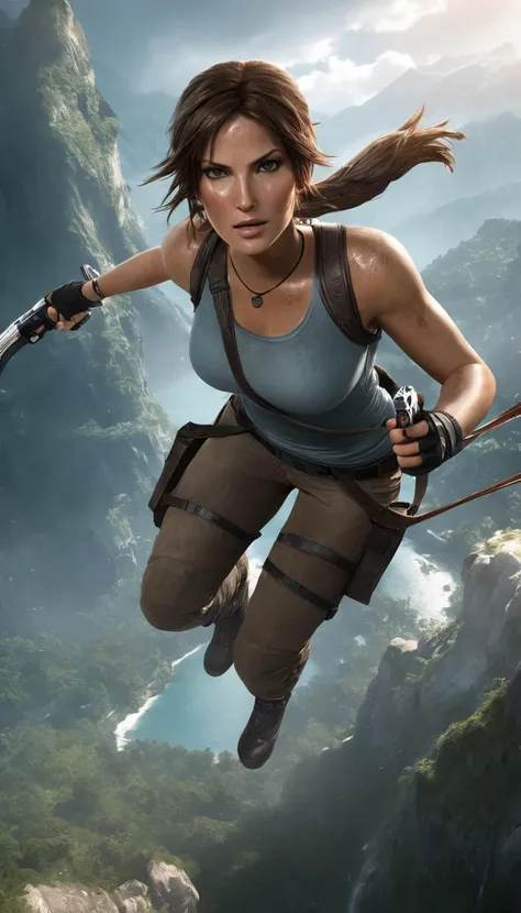 breathtaking Cinematic scene, hero view, Lara Croft <lora:lara_croft_xl_v2:1>, action pose, detailed background, masterpiece, best quality, high quality, highres, absurdres . award-winning, professional, highly detailed