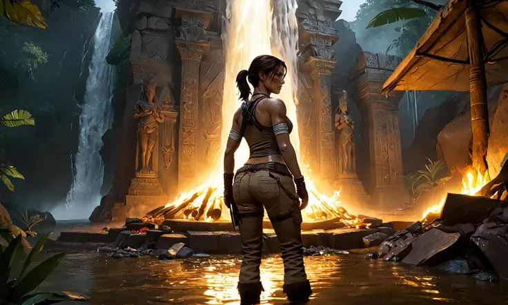 Frontal view, trending on artstation, 4k, masterpiece, of Amidst the mystery of the Amazon, Lara Croft poses by a firelight, mature, her temporary camp set against the grandeur of an Aztec tomb, adorned with gold, under the watchful eye of a cascading waterfall, meticulous attention to details, Serene lake reflecting a fiery sunset, Leaning, Lara Croft , from_behind,, <lora:lara_croft_xl_v2:0.5><lora:Anime Style 2 SDXL_LoRA_Pony Diffusion V6 XL:1>