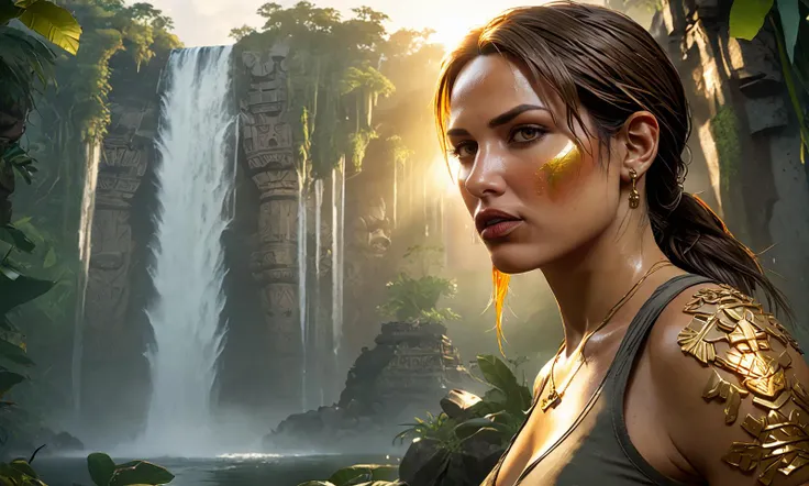 trending on artstation, 4k, masterpiece, of Amidst the mystery of the Amazon, Lara Croft Portrait, mature, camp an Aztec tomb, adorned with gold, under cascading waterfall, meticulous attention to details, Serene lake reflecting a fiery sunset, Wide angle, <lora:lara_croft_xl_v2:0.5><lora:Anime Style 2 SDXL_LoRA_Pony Diffusion V6 XL:1>