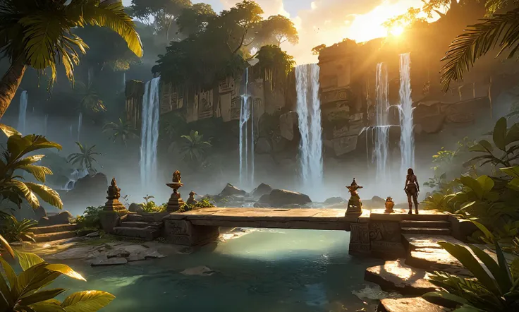 trending on artstation, 4k, masterpiece, of Amidst the mystery of the Amazon, Lara Croft Classic, mature, camp an Aztec tomb, adorned with gold, under cascading waterfall, meticulous attention to details, Serene lake reflecting a fiery sunset, Distorted view, <lora:lara_croft_xl_v2:0.5><lora:Anime Style 2 SDXL_LoRA_Pony Diffusion V6 XL:1>