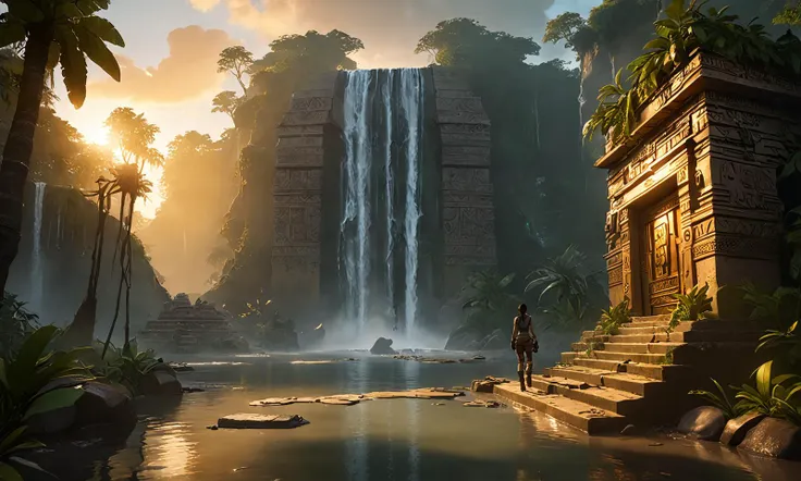 trending on artstation, 4k, masterpiece, of Amidst the mystery of the Amazon, Lara Croft Street Style, mature, camp an Aztec tomb, adorned with gold, under cascading waterfall, meticulous attention to details, Serene lake reflecting a fiery sunset, Compressed view, <lora:lara_croft_xl_v2:0.5><lora:Anime Style 2 SDXL_LoRA_Pony Diffusion V6 XL:1>