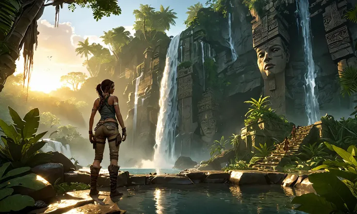 trending on artstation, 4k, masterpiece, of Amidst the mystery of the Amazon, Lara Croft Full Body, mature, camp an Aztec tomb, adorned with gold, under cascading waterfall, meticulous attention to details, Serene lake reflecting a fiery sunset, Leaning, Straight overhead,, <lora:lara_croft_xl_v2:0.5><lora:Anime Style 2 SDXL_LoRA_Pony Diffusion V6 XL:1>