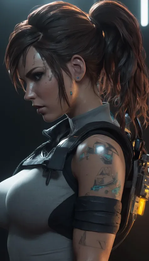 Lara Croft, (reimagined in a cyberpunk universe), (cyberpunk style), (cyberpunk), (cyberpunk outfit), (punk hair), augmentation, cybernetics, glowing neon lights, cinematic scene, hero view, action pose, masterpiece, best quality, high quality, absurdres, vivid <lora:lara_croft_xl_v2:1>, Photorealistic, Hyperrealistic, Hyperdetailed, analog style, detailed skin, matte skin, soft lighting, subsurface scattering, realistic, heavy shadow, masterpiece, best quality, ultra realistic, 8k, golden ratio, Intricate, High Detail, film photography, soft focus