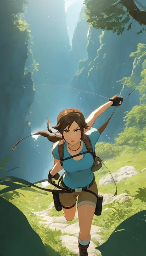 Cinematic scene, hero view, Lara Croft <lora:lara_croft_xl_v2:1>, action pose, detailed background, masterpiece, best quality, high quality, highres, absurdres, (Studio ghibli style, Art by Hayao Miyazaki:1.2), Anime Style, Manga Style, Hand drawn, cinematic, Sharp focus, humorous illustration, big depth of field, Masterpiece, concept art, trending on artstation, Vivid colors, Simplified style, trending on ArtStation, trending on CGSociety, Intricate, Vibrant colors, Soft Shading, Simplistic Features, Sharp Angles, Playful