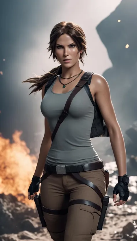 cinematic photo Cinematic scene, hero view, Lara Croft <lora:lara_croft_xl_v2:1>, action pose, detailed background, masterpiece, best quality, high quality, highres, absurdres . 35mm photograph, film, bokeh, professional, 4k, highly detailed