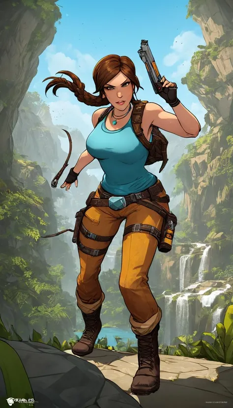 Indie game art,(Cinematic scene, hero view, Lara Croft <lora:lara_croft_xl_v2:1>, action pose, detailed background, masterpiece, best quality, high quality, highres, absurdres), (Vector Art, Borderlands style, Arcane style, Cartoon style), Line art, Disctinct features, Hand drawn, Technical illustration, Graphic design, Vector graphics, High contrast, Precision artwork, Linear compositions, Scalable artwork, Digital art, cinematic sensual, Sharp focus, humorous illustration, big depth of field, Masterpiece, trending on artstation, Vivid colors, trending on ArtStation, trending on CGSociety, Intricate, Low Detail, dramatic