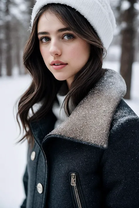 MargaretQ_SoloTI_v1,
Dressed in Winter Chic (puffer jacket with pleated skirt), (snow-covered landscape:1.2), (charming close-up in a wintry wonderland), cozy and stylish charm, (soft sunlight reflecting off the snow), artistically composed photography, 35mm, crisp and cool ambient light, frosty and muted hues, finely detailed, (High Detail:1.2), Elegantly poised, wintery, bright and serene lighting, (playful expression in the frame), (sparkling gaze details), textured layers, alpine, ((snowy allure)), cool tones, seasonal details, chic charm, natural contrasts,
 <lora:add_detail:0.6> epiCPhoto, PA7_Portrait-MCU,