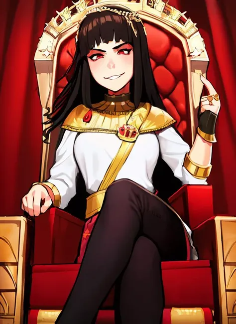 masterpiece, best quality, <lora:_dabdabil artstyle:1>, 1girl, looking at viewer, portrait, ((throne)), queen, black hair, iron crown, sitting, grim throneroom, fancy dress boots, (smirk:0.8)