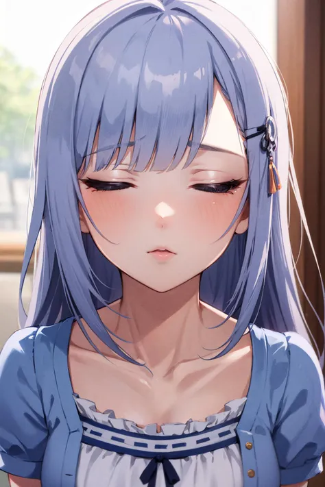 masterpiece, best quality, highres, 1girl, aatsumugi, long hair, low-tied long hair, blunt bangs, hairclip, collarbone, short sleeves, blue jacket, white dress, puffy sleeves, open clothes, floral print, <lora:shiraishi_tsumugi_v1:0.7>, def1, face focus, close-up, <lora:imkiss:1>