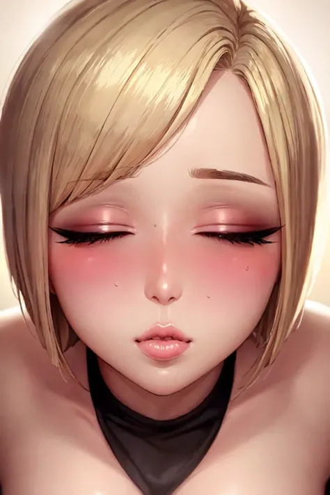 (Masterpiece, High Quality, Top quality, High-Detailed, Detailed CG, Cinematic Shadow, Cinematic Scene, Beautiful Detailed Eyes, ((rolling eye)), Ultra Resolution, ((Depth of Field)), ((Blush Expression:1.2)), ((rolling eye:1.2)), (Erotic Expression:1.0), ((Tongue out)), Blue Eye, blonde Hair, Short Hair, Five Fingers, Good Composition, Curvy, Bare Shoulder, Sleeveless, Thicc Thighs, Thick, Large Breasts, Huge Breast

