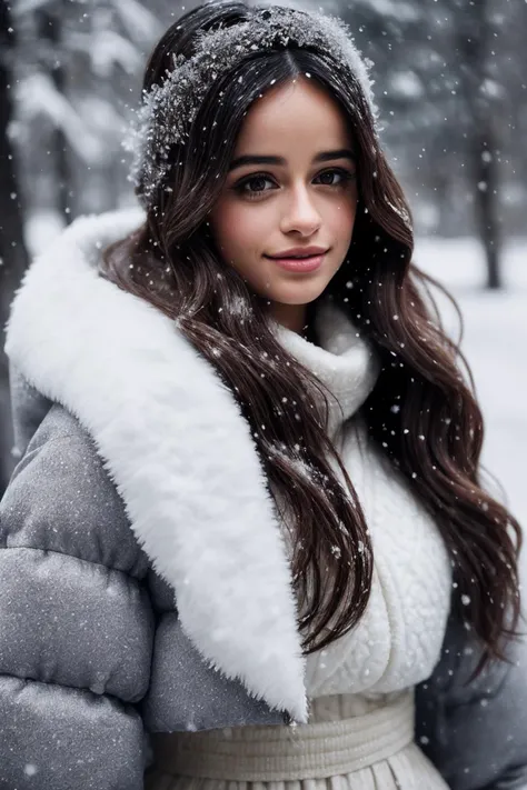 CamilaC_SoloTI_v1,
Dressed in Winter Chic (puffer jacket with pleated skirt), (snow-covered landscape:1.2), (charming close-up in a wintry wonderland), cozy and stylish charm, (soft sunlight reflecting off the snow), artistically composed photography, 35mm, crisp and cool ambient light, frosty and muted hues, finely detailed, (High Detail:1.2), Elegantly poised, wintery, bright and serene lighting, (playful expression in the frame), (sparkling gaze details), textured layers, alpine, ((snowy allure)), cool tones, seasonal details, chic charm, natural contrasts,
 <lora:add_detail:0.6> epiCPhoto, PA7_Portrait-MCU,