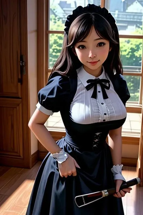 drawing 1girl, best hair, anime maid, mansion, maid outfit, cleaning, happy, indoors, (huge breasts, wearing a skirt), (very closeup image), standing, beautiful sky