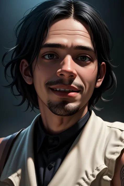 Chief Keef In red dead redemption 2 digital art 4K quality super realistic dramatic magnified creepy smile opening his mouth to talk, asymmetrical facial features complementing colors by Rembrandt, alphonse mucha, Trending on artstation dramatic lighting hyperrealism