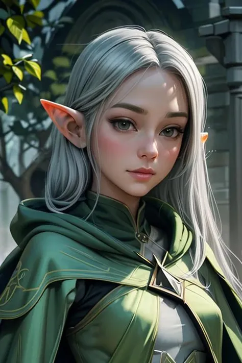drawing female elf, beautiful face, silver hair, green cloak, slim build, painting, cartoon, anime