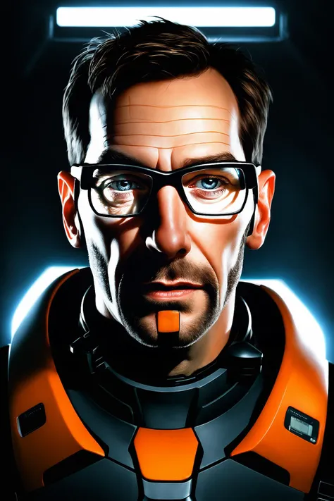 Portrait Shot, Photo of Half-Life Gordon Freeman, (photorealistic, photorealism, photo, real life, extra detail:1.2), in a dark illuminated atmosphere, face by Ilya Kuvshinov