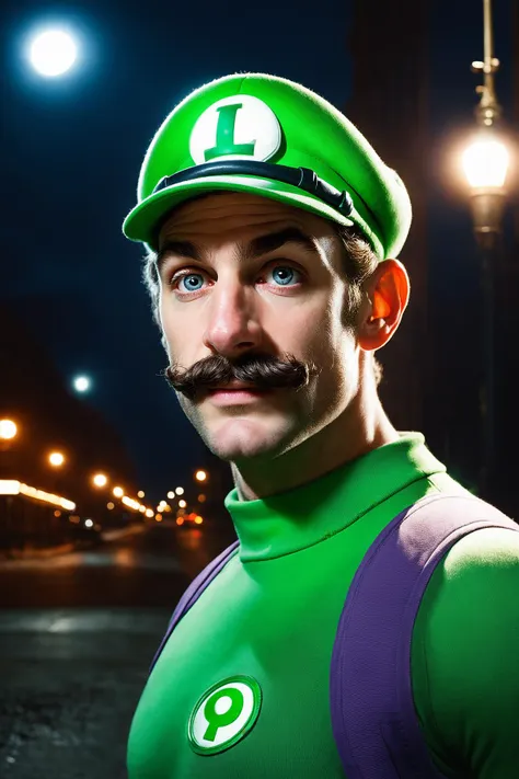 Portrait Shot, Photo of Super Luigi, (photorealistic, photorealism, photo, real life, extra detail:1.2), in a dark illuminated atmosphere, face by Ilya Kuvshinov