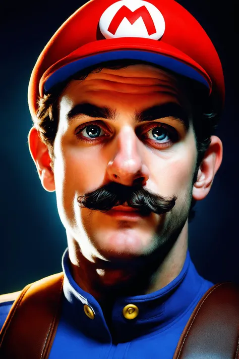 Portrait Shot, Photo of Super Mario, (photorealistic, photorealism, photo, real life, extra detail:1.2), in a dark illuminated atmosphere, face by Ilya Kuvshinov