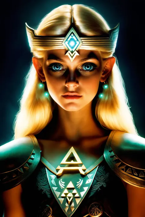 Portrait Shot, Photo of beautiful (dark skinned:1.2) Princess Zelda, (solemn expression:1.3), tri-force emblem, (realistic blonde hair, real hair, perfect hair, photorealistic, photorealism, photo, real life, extra detail:1.2), in a dark illuminated atmosphere, face by Ilya Kuvshinov