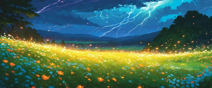 (<Close View|Open View>:1.2) <POV|Fisheye|Abstract View>, landscape, wildflower meadow, colorful flowers, fireflies, clouds hugging ground, Storm front, Brooding Storm

(art by Makoto Shinkai, MTG, Ilya Kuvshinov:0.1)

(Flowing Composition:1.3), Luster, Vibrant, Dynamic Lighting, Polished, Studio Illustration, Dynamic Lighting, Professional