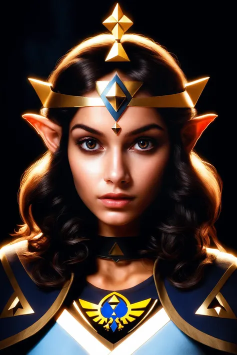 Portrait Shot, Photo of beautiful (dark skinned:1.2) Princess Zelda, (solemn expression:1.3), tri-force emblem, (realistic hair, real hair, perfect hair, photorealistic, photorealism, photo, real life, extra detail:1.2), in a dark illuminated atmosphere, face by Ilya Kuvshinov