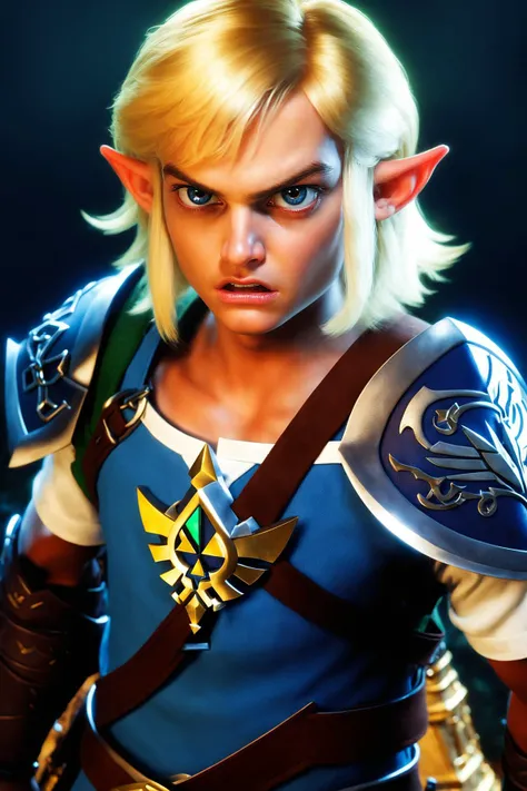 Portrait Shot, Photo of (Youtful cute dark skinned:1.2) Link with Master Sword, (Seriously angry expression:1.3), tri-force emblem, (realistic blonde hair, real hair, perfect hair, photorealistic, photorealism, photo, real life, extra detail:1.2), in a dark illuminated atmosphere, face by Ilya Kuvshinov