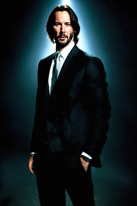 Full Body, Photo of Keanu Reeves, (Serious expression:1.3), (photorealistic, photorealism, photo, real life, extra detail:1.2), in a dark illuminated atmosphere, face by Ilya Kuvshinov