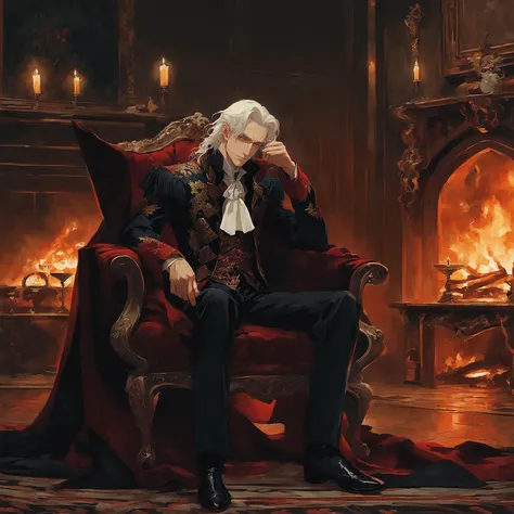 1boy, alucard, regal outfit, fireplace, study, moody atmosphere, dark, illuminated, art by Ayami Kojima